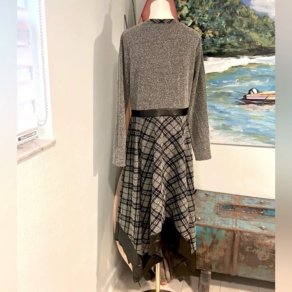 VTG CHI CHI,Asymmetric Plaid Mixed Media Knit Dress,Faux Leather-Hem,USA Size XL